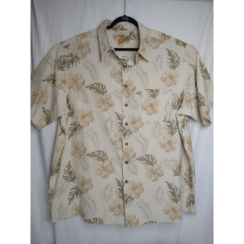 Caribbean Silk Cotton Blend Button Short Sleeve Hawaiian Shirt 3XT Tan Tropical